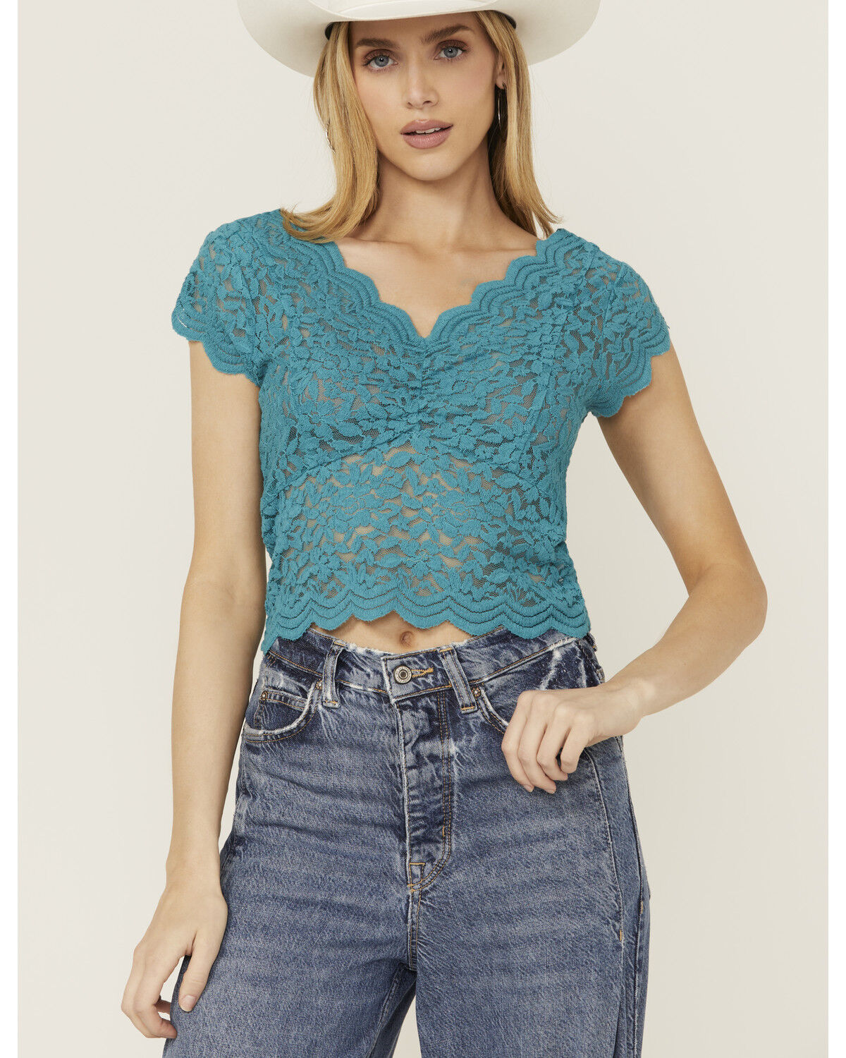 Image #1 - Shyanne Women's Flutter Sleeve Lace Crop Top, Medium Blue, hi-res