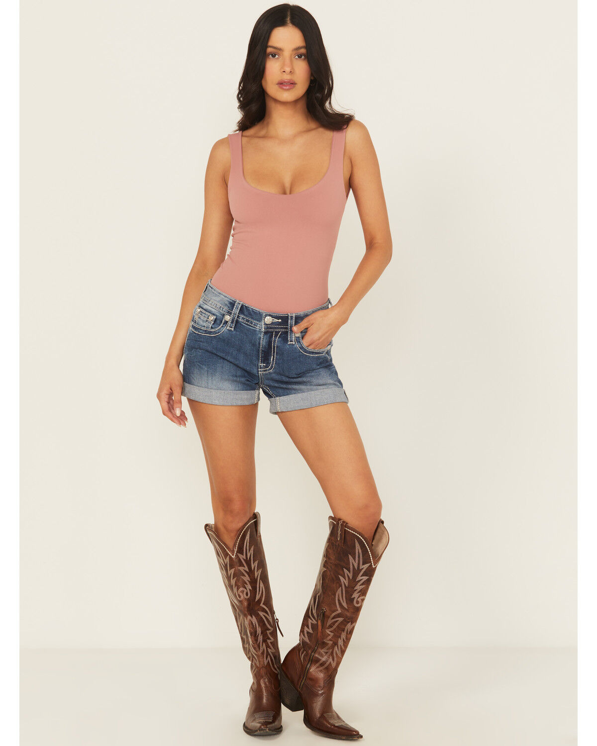 Image #3 - Miss Me Women's Medium Wash Mid Rise Rolled Hem Denim Shorts, Medium Wash, hi-res