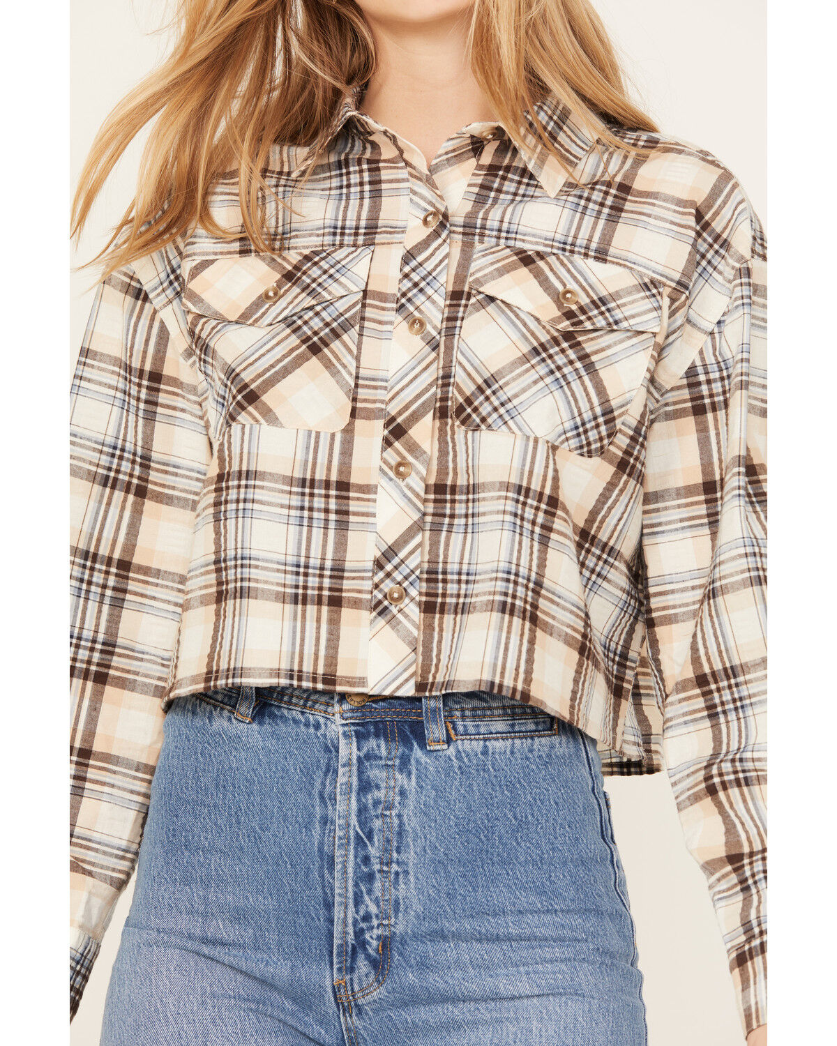 Image #3 - Cleo + Wolf Women's Plaid Print Cropped Shirt, Cream, hi-res