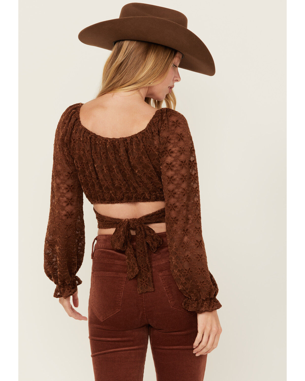 Image #4 - Beyond The Radar Women's Floral Lace Long Sleeve Tie Back Cropped Shirt, Brown, hi-res