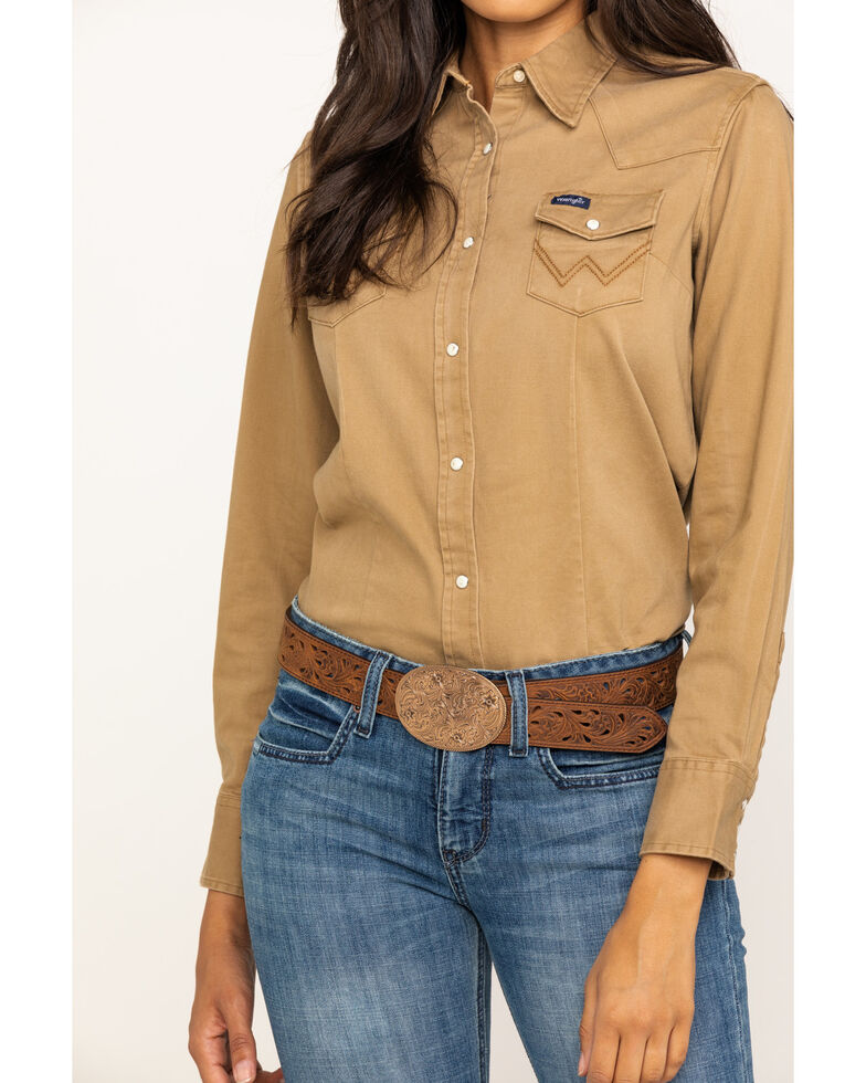 Wrangler Women's Tan Long Sleeve Western Shirt, Tan, hi-res