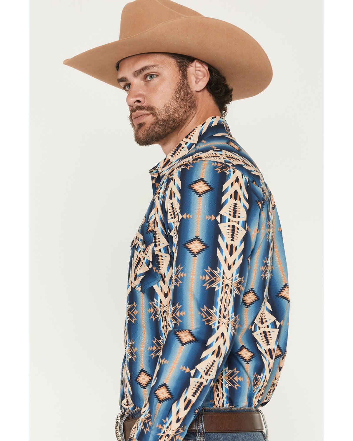 Image #2 - Rock & Roll Denim Men's Southwestern Print Long Sleeve Snap Stretch Western Shirt, Blue, hi-res