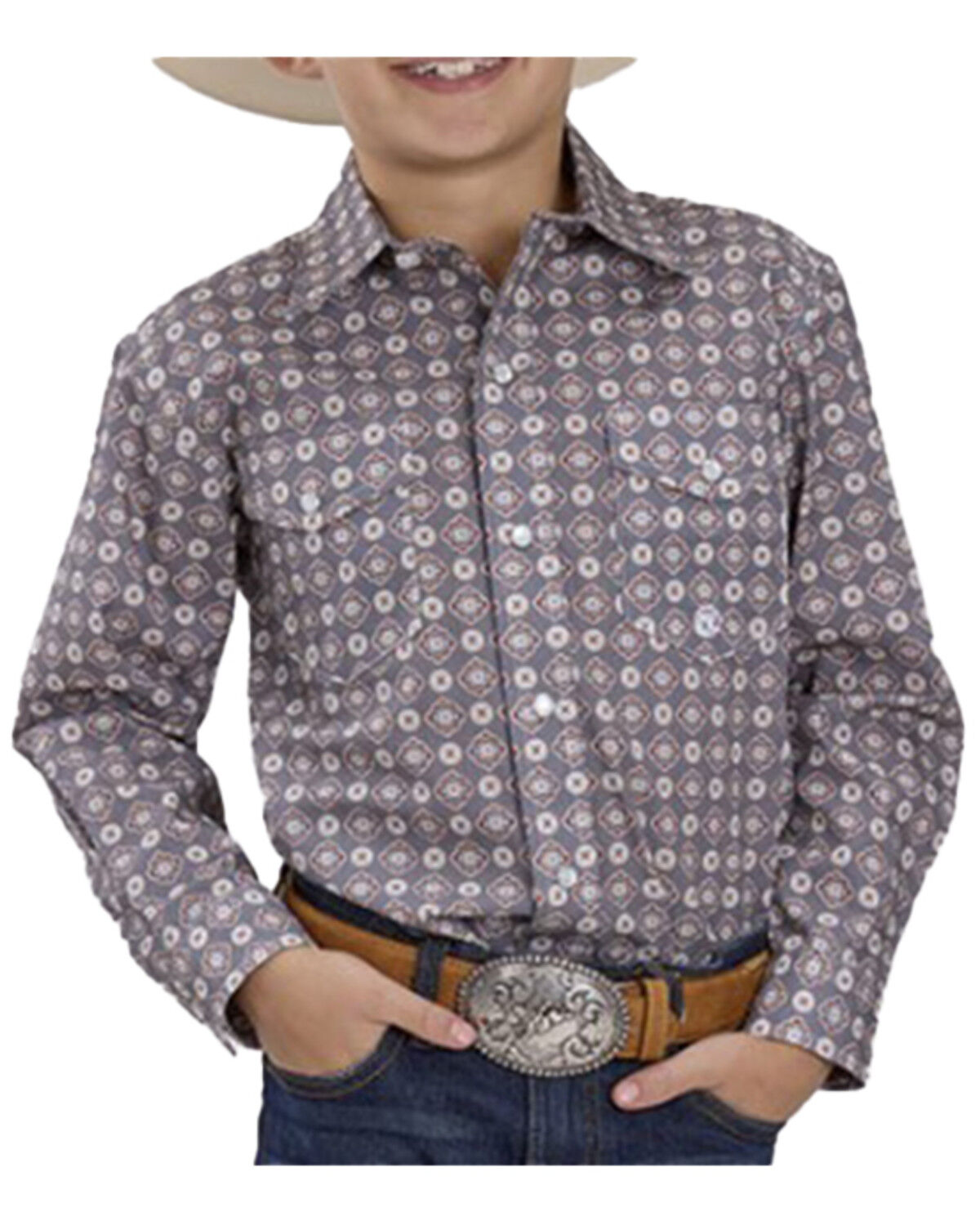 Image #1 - Roper Boys' Saltillo Medallion Print Long Sleeve Snap Western Shirt, Grey, hi-res