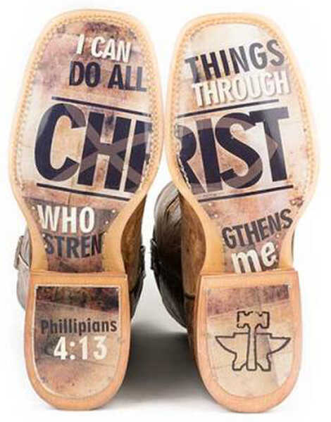Tin Haul Men's Ichthys Philippians 4:13 Western Boots - Broad Square Toe, Brown, hi-res