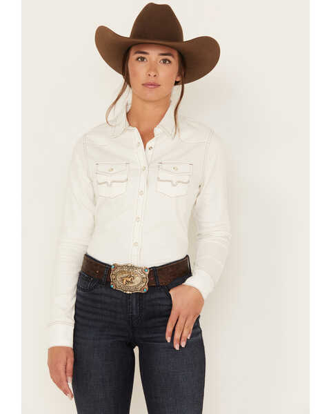 Kimes Ranch Women's Kaycee Long Sleeve Western Snap Denim Shirt , White, hi-res