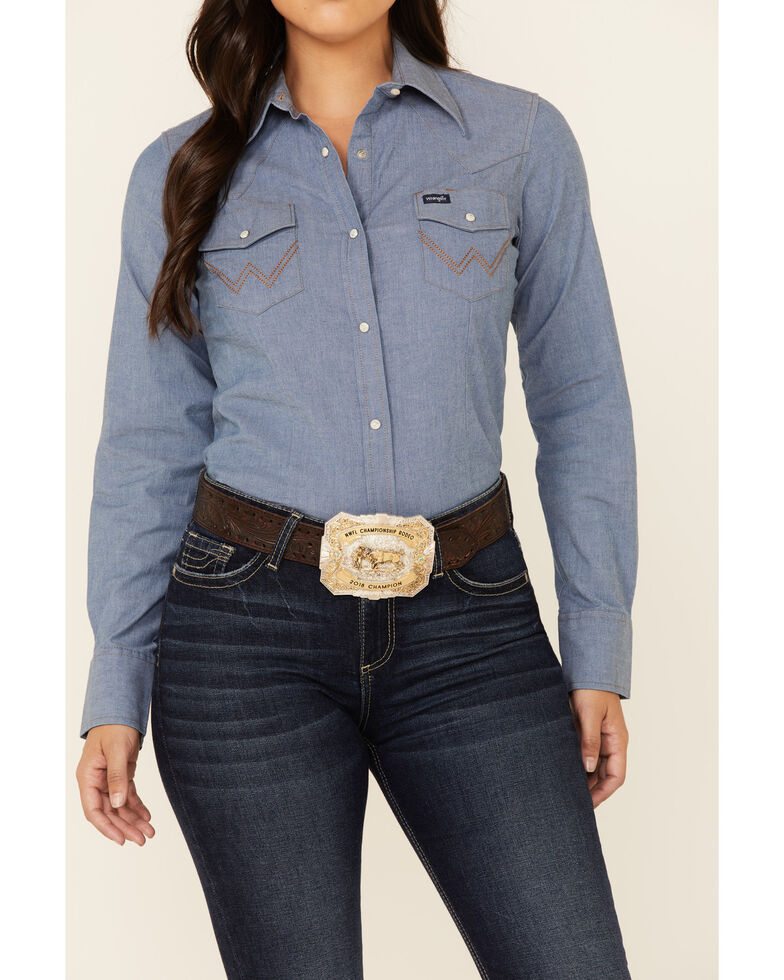 Wrangler Women's Solid Chambray Denim Long Sleeve Snap Western Core Shirt , Blue, hi-res