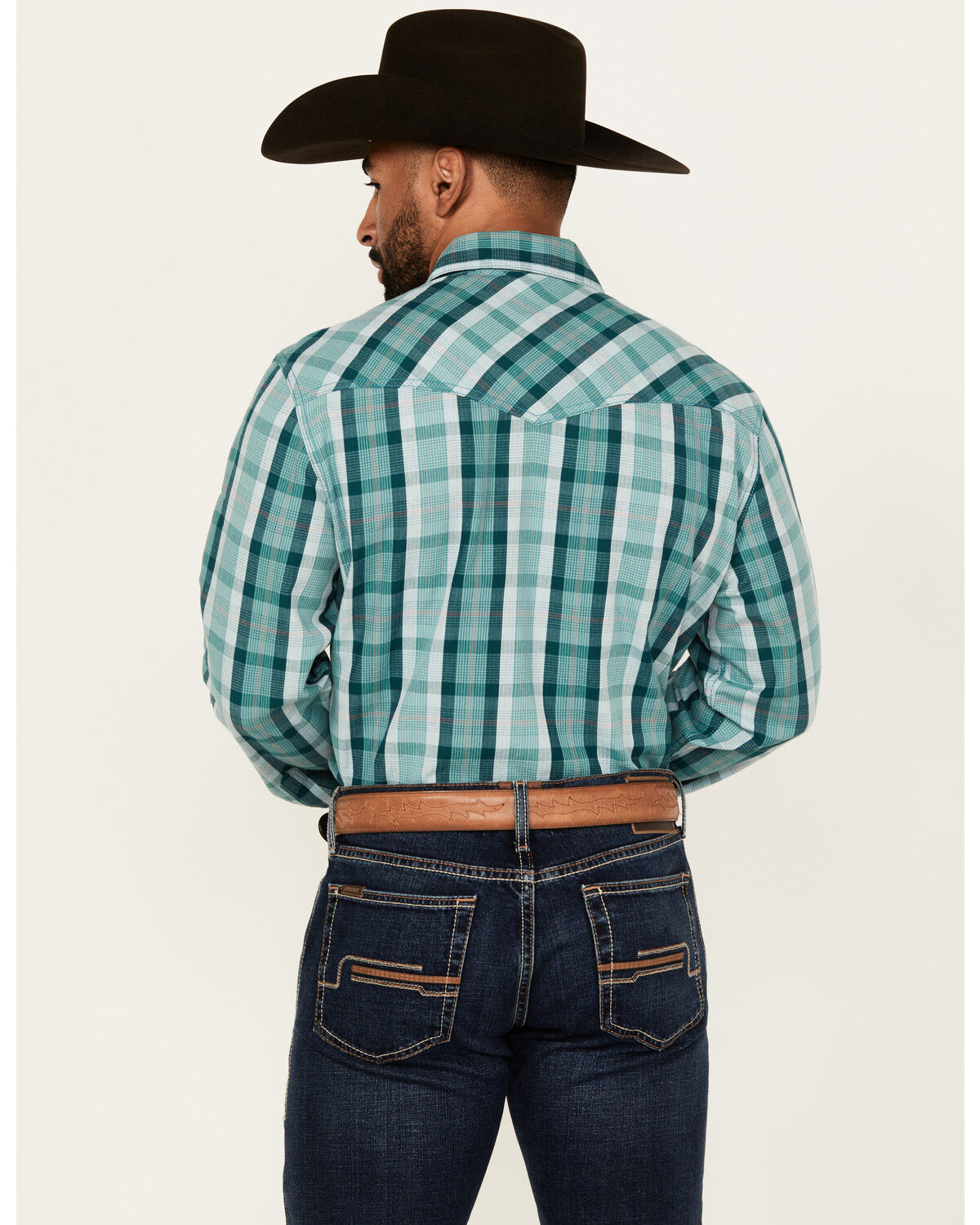 Image #4 - Wrangler Retro Men's Plaid Print Long Sleeve Snap Western Shirt, Turquoise, hi-res