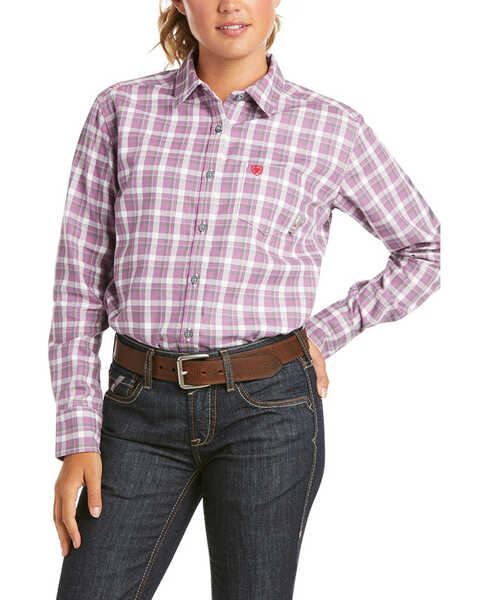 Image #1 - Ariat Women's FR Plaid Print Aja Logo Long Sleeve Button Work Shirt , Lavender, hi-res