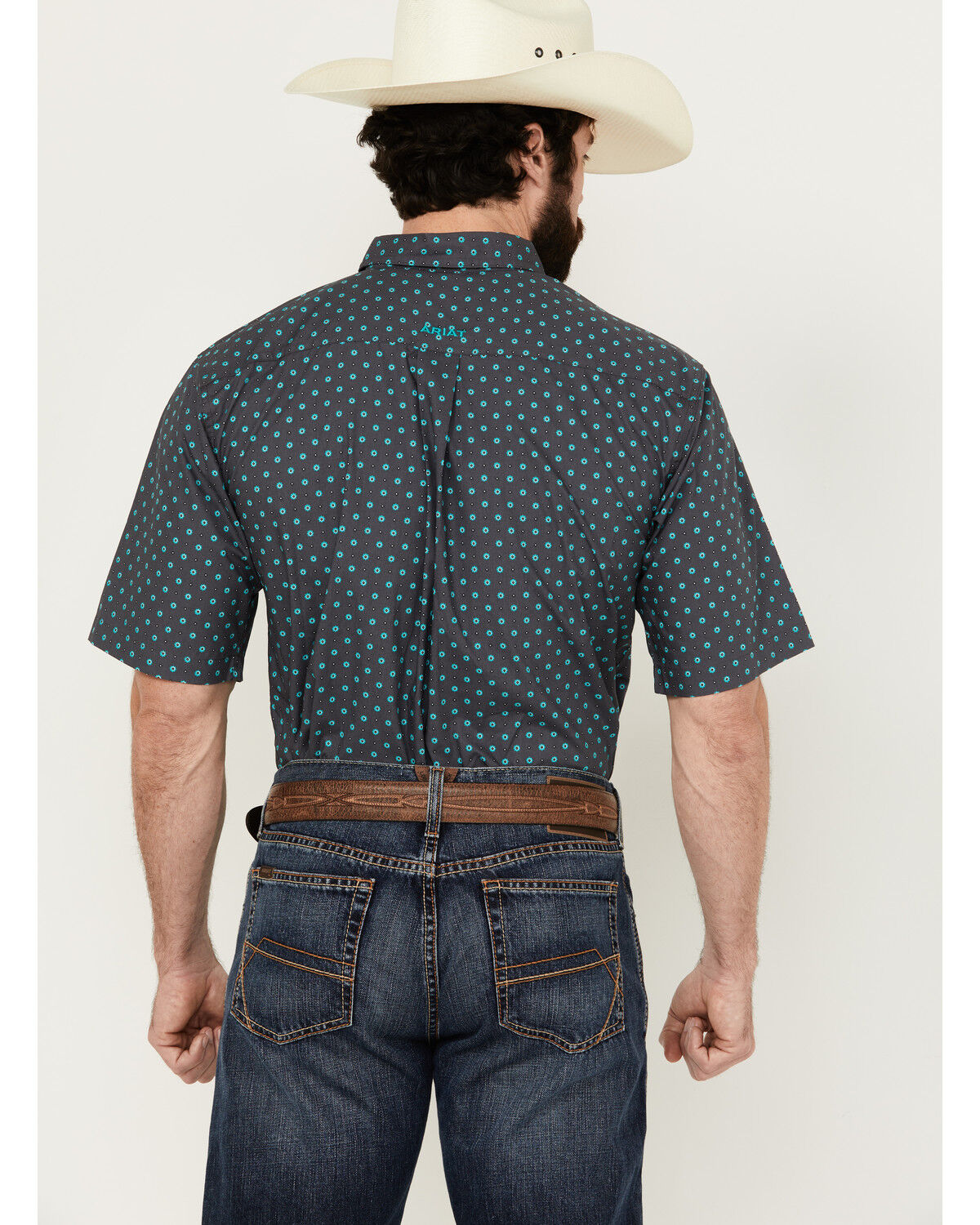 Image #4 - Ariat Men's Johnnie Geo Print Short Sleeve Button-Down Western Shirt, Navy, hi-res