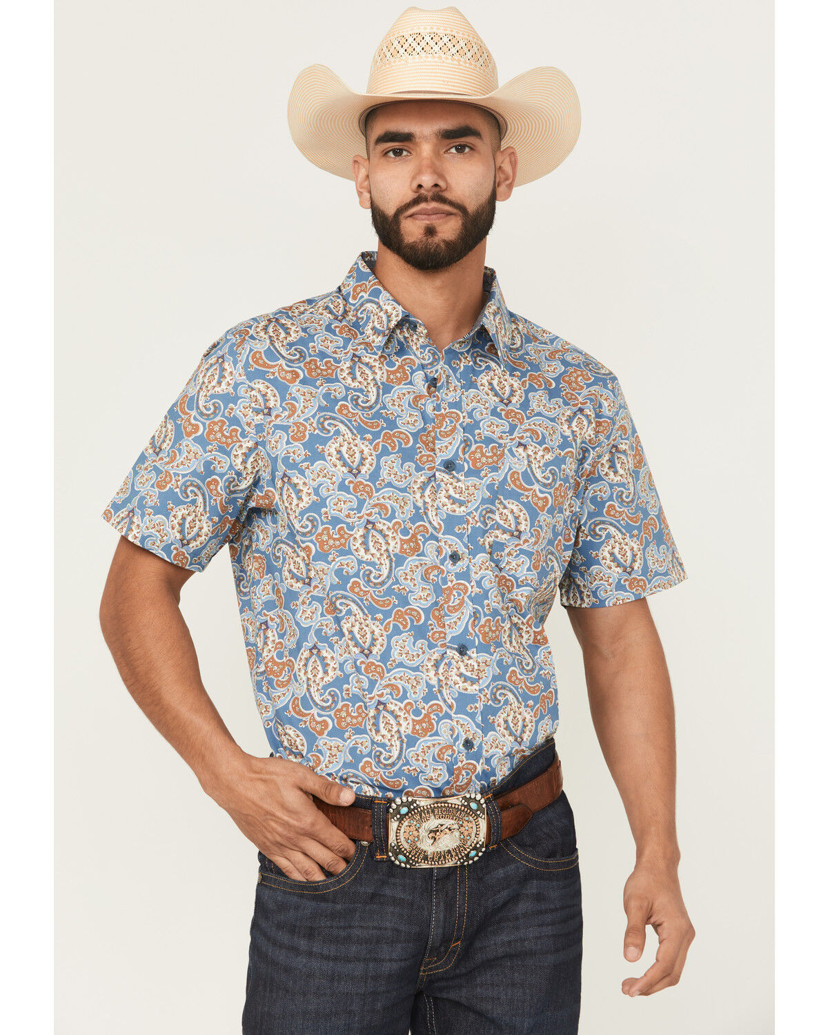 Image #1 - Cody James Men's Boise Paisley Print Short Sleeve Button-Down Stretch Western Shirt, Blue, hi-res