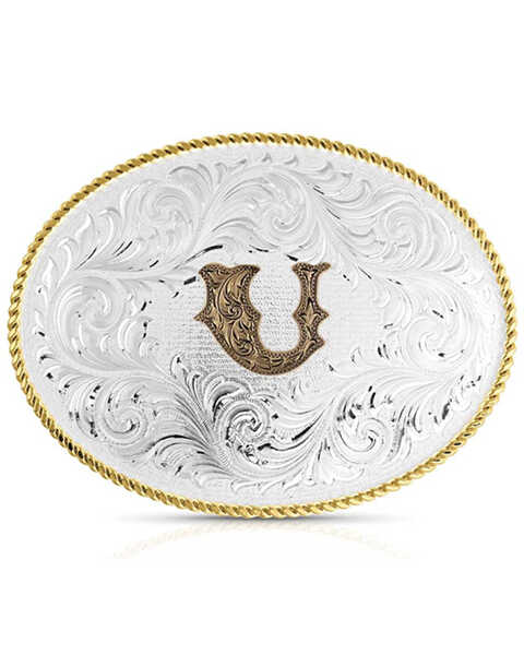 Montana Silversmiths Classic Western Oval Two-Tone Initial Belt Buckle - U, Silver, hi-res