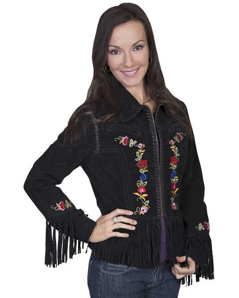 Image #1 - Scully Embroidered Zip-Up Suede Jacket, Black, hi-res