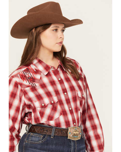 Image #2 - Ariat Women's R.E.A.L. Embroidered Plaid Print Long Sleeve Western Pearl Snap Shirt - Plus, Red, hi-res
