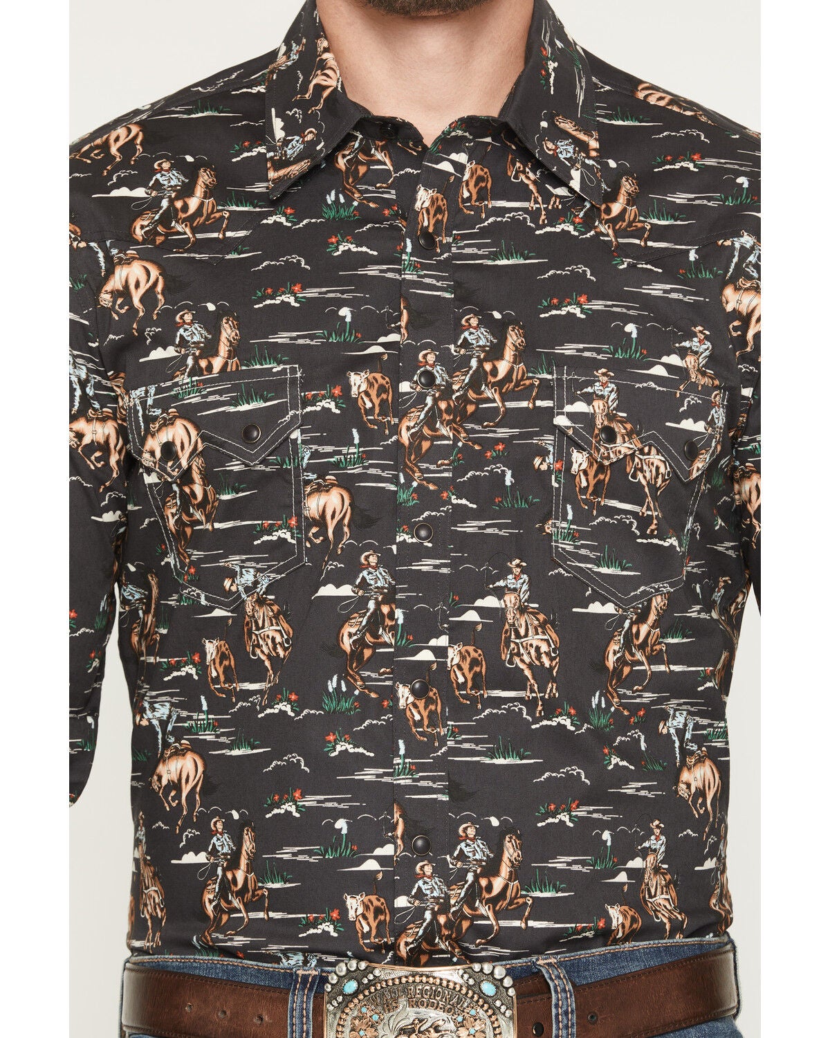 Image #3 - Rock & Roll Denim Men's Vintage Conversational Print Long Sleeve Snap Western Shirt, Charcoal, hi-res