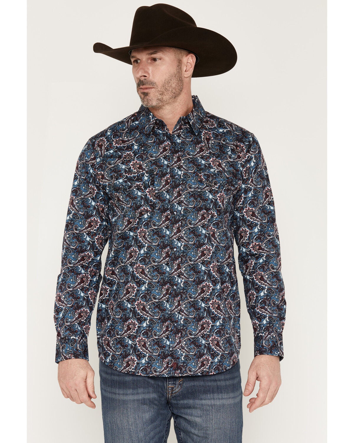 Moonshine Spirit&reg; Men's Rodeo Ripple Paisley Print Long Sleeve Snap Western Shirt, Blue, hi-res