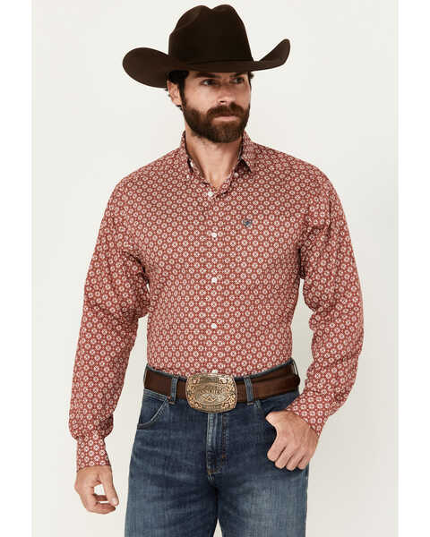Ariat Men's Gideon Medallion Print Long Sleeve Button-Down Western Shirt, Red, hi-res