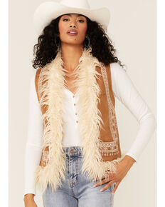 Flying Tomato Women's Tan Faux Fur Embroidered Vest, Tan, hi-res