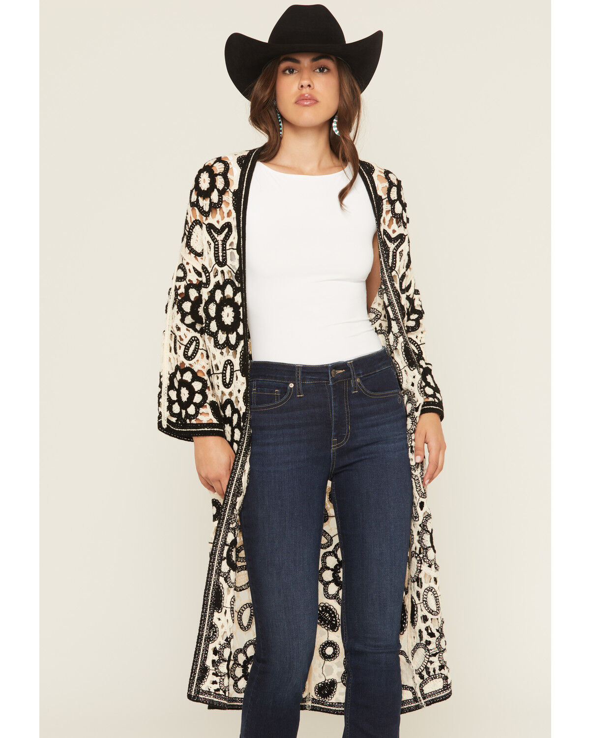 Image #1 - POL Women's Floral Crochet Long Sleeve Kimono, Black, hi-res
