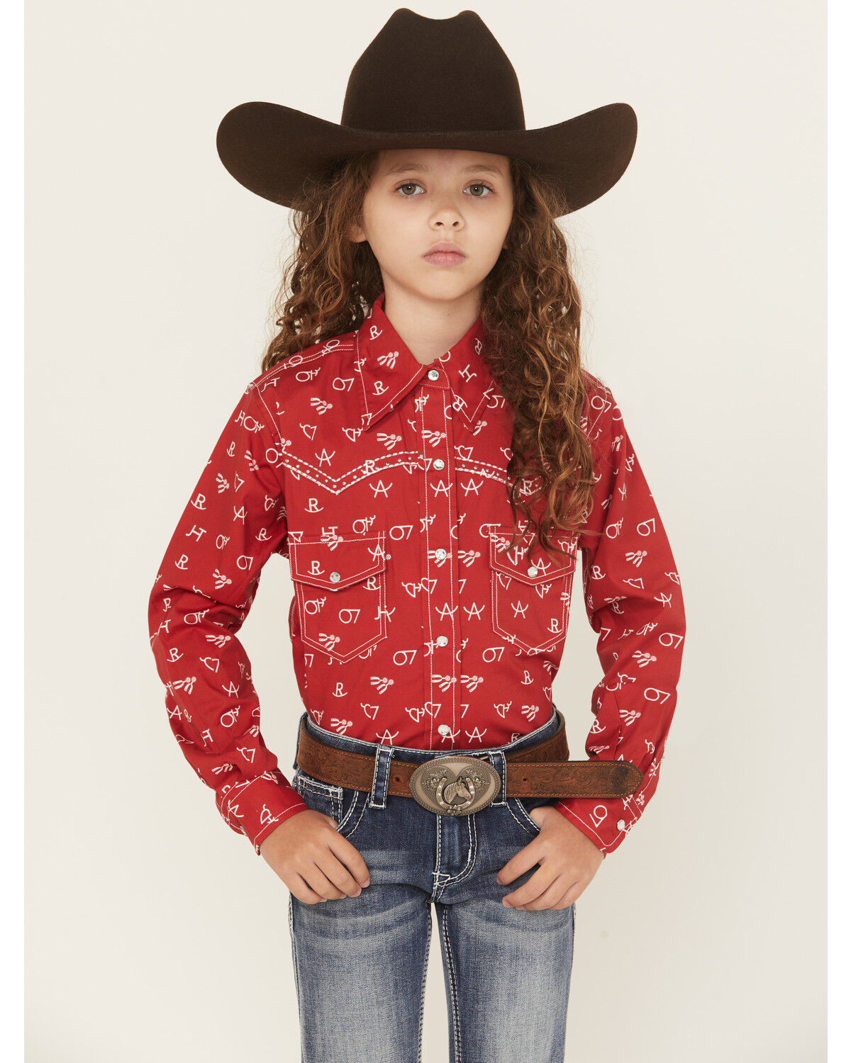 Image #1 - Cowgirl Hardware Girls' Brand Iron Print Long Sleeve Snap Stretch Western Shirt, Red, hi-res