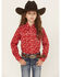 Image #1 - Cowgirl Hardware Girls' Brand Iron Print Long Sleeve Snap Stretch Western Shirt, Red, hi-res