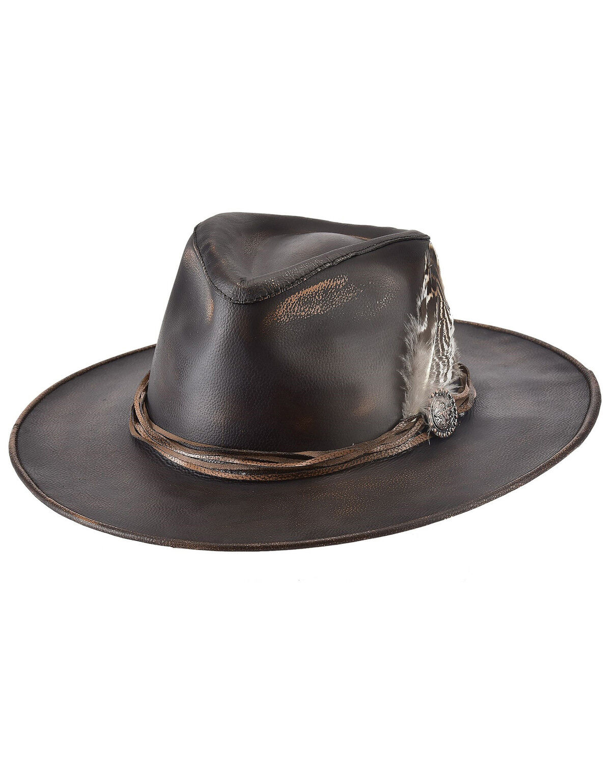 Image #1 - Bullhide Chocolate Distressed One-Off Leather Western Outback Hat, Chocolate, hi-res
