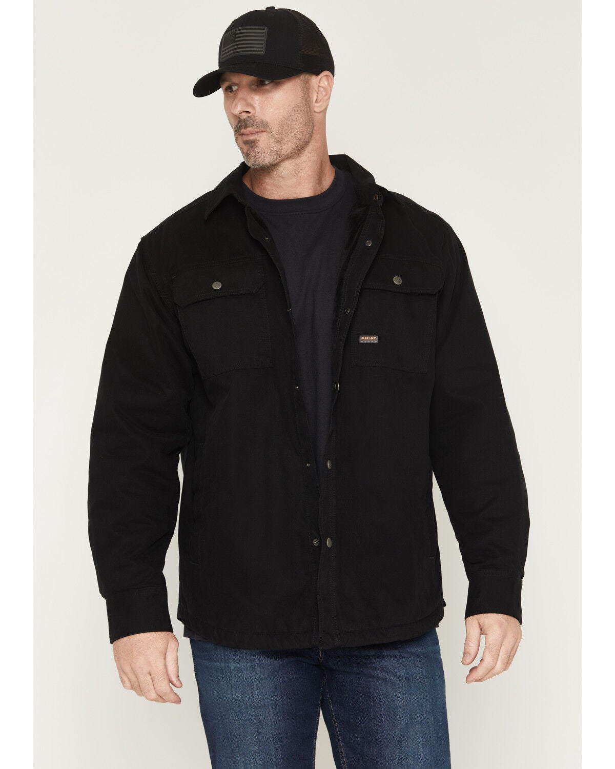 Ariat Men's Rebar Canvas Long Sleeve Snap Shirt Jacket, Black, hi-res