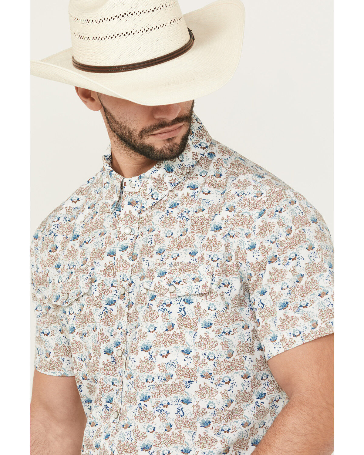 Image #2 - Panhandle Men's Cactus Print Short Sleeve Snap Western Shirt, Natural, hi-res