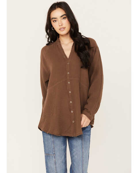 Free People Women's Summer Daydream Button Down Long Sleeve Shirt, Brown, hi-res