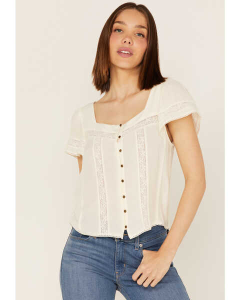 Image #2 - Jolt Women's Lace Trim Button-Down Shirt, Ivory, hi-res