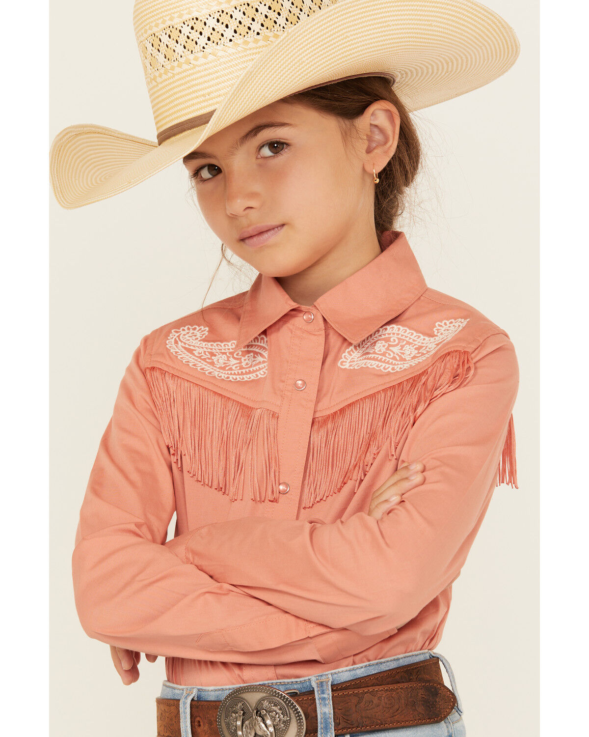 Image #2 - Shyanne Girls' Western Embroidered Fringe Long Sleeve Snap Stretch Western Shirt, Rose, hi-res