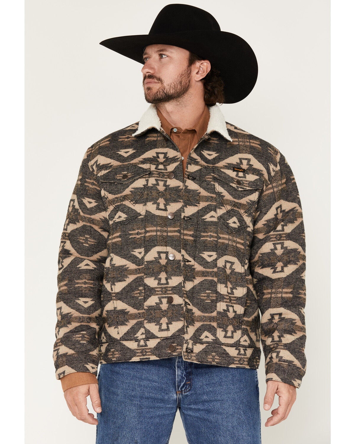Wrangler Men's Southwestern Sherpa Lined Button-Down Jacket, Charcoal, hi-res