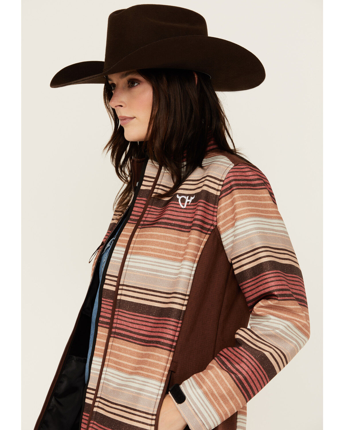 Image #2 - Cowgirl Hardware Women's Desert Serape Striped Softshell Jacket, Brown, hi-res