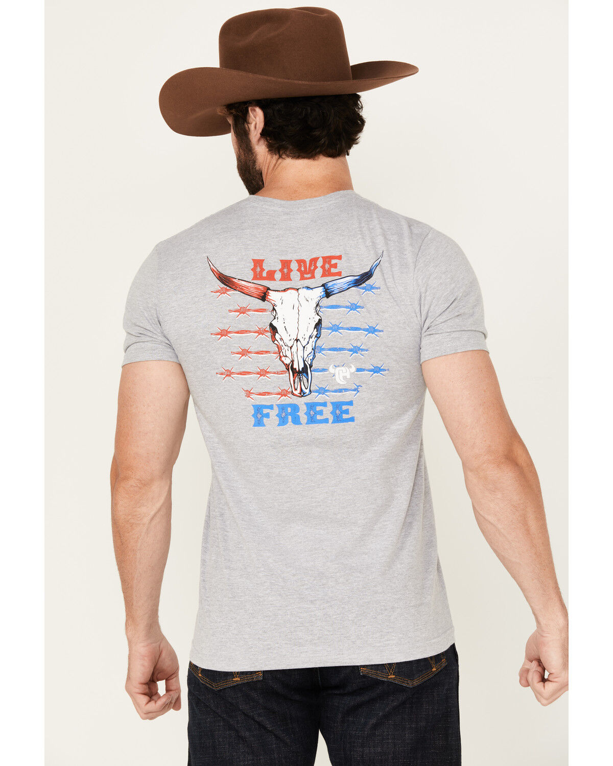 Image #1 - Cowboy Hardware Men's Live Free Short Sleeve Graphic T-Shirt, Grey, hi-res