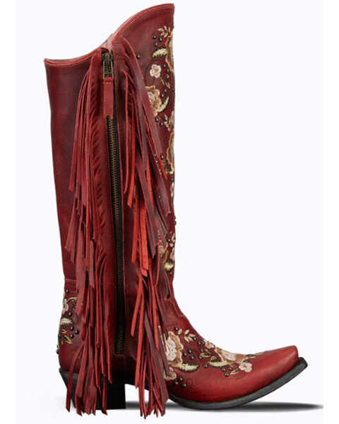 Image #2 - Lane Women's Flora Fringe Western Boots - Snip Toe, Ruby, hi-res