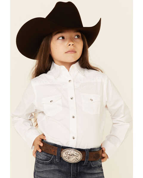 Wrangler Girls' Tonal Yoke Embellished Shirt, White, hi-res