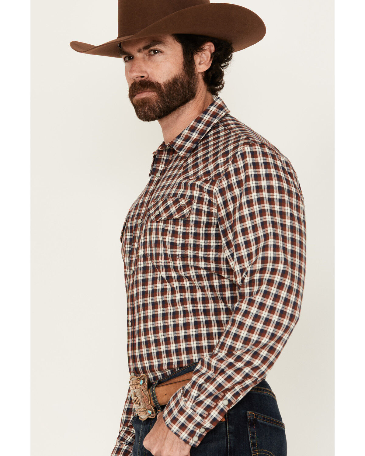 Image #2 - Blue Ranchwear Men's Bryce Plaid Print Long Sleeve Snap Western Shirt, Red, hi-res