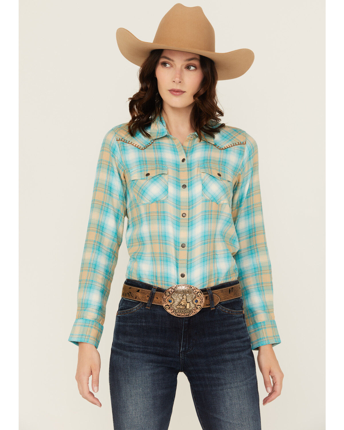Image #1 - Ariat Women's Plaid Print Long Sleeve Snap Western Shirt, Tan, hi-res
