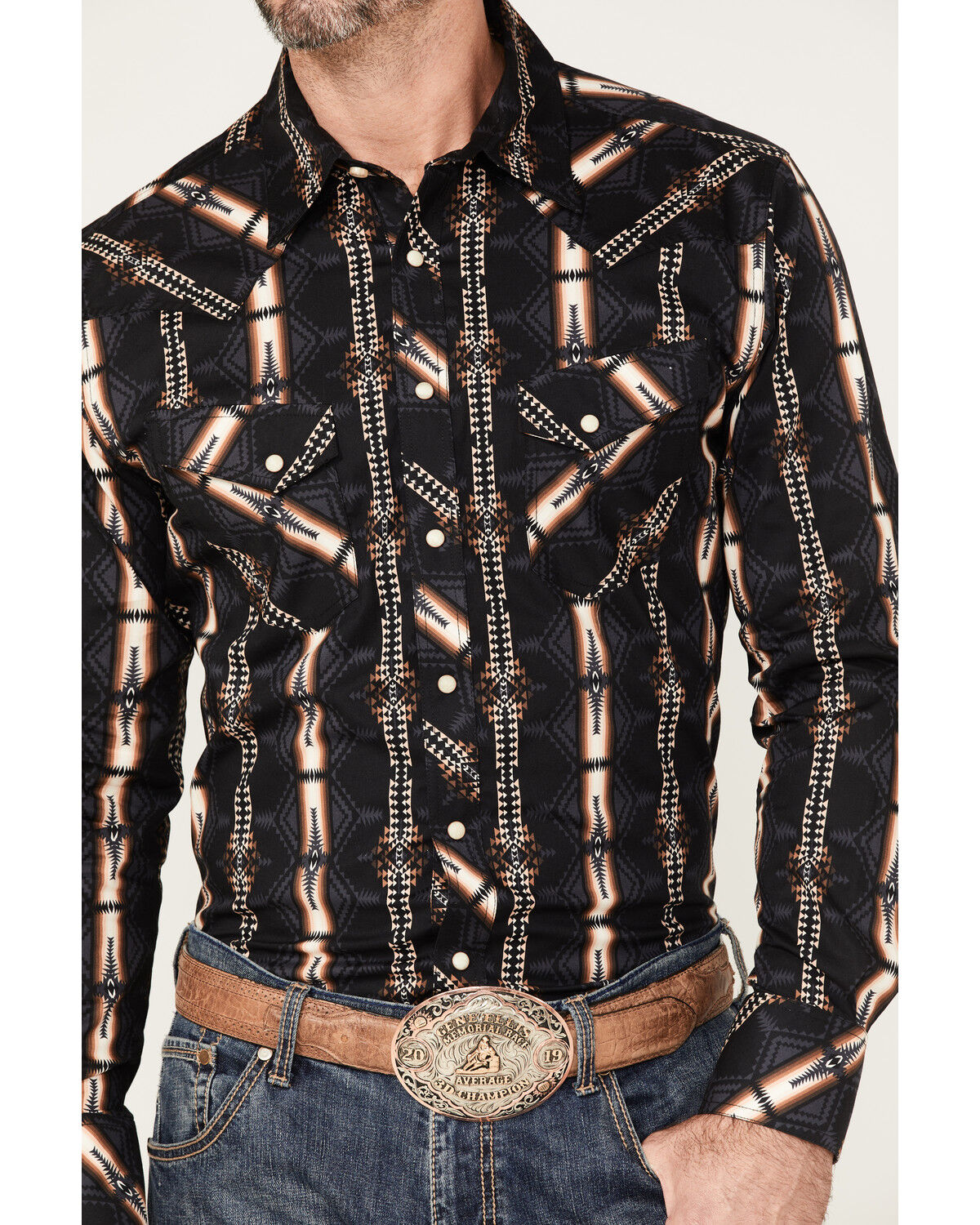 Image #3 - Rock & Roll Denim Men's Southwestern Stretch Long Sleeve Snap Shirt, Chocolate, hi-res