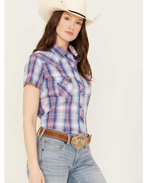 Image #2 - Rough Stock by Panhandle Plaid Print Short Sleeve Stretch Pearl Snap Western Shirt , Multi, hi-res