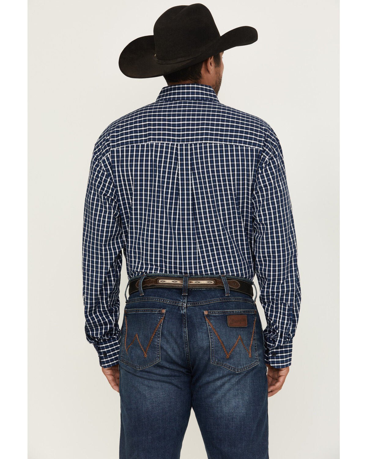 Image #4 - George Strait by Wrangler Men's Plaid Print Long Sleeve Button-Down Stretch Western Shirt, Blue, hi-res