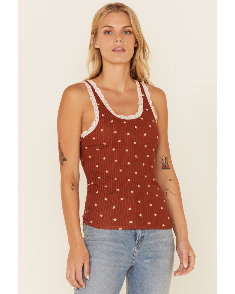 Wild Moss Women's Rust Floral Ribbed Pointelle Tank Top , Rust Copper, hi-res