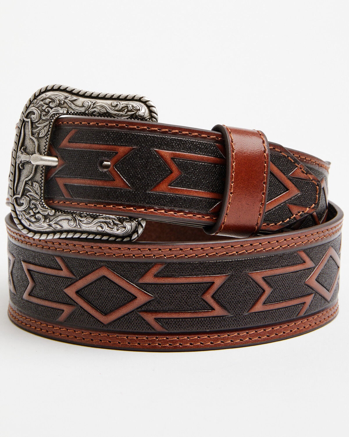 Image #2 - Cody James Men's Southwestern Embossed Needlepoint Leather Belt, Brown, hi-res