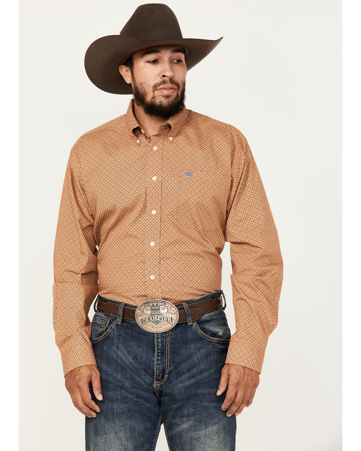 Image #1 - Cinch Men's Geo Print Long Sleeve Button-Down Western Shirt, Orange, hi-res