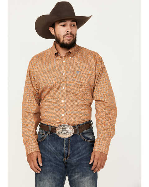 Cinch Men's Geo Print Long Sleeve Button-Down Western Shirt, Orange, hi-res