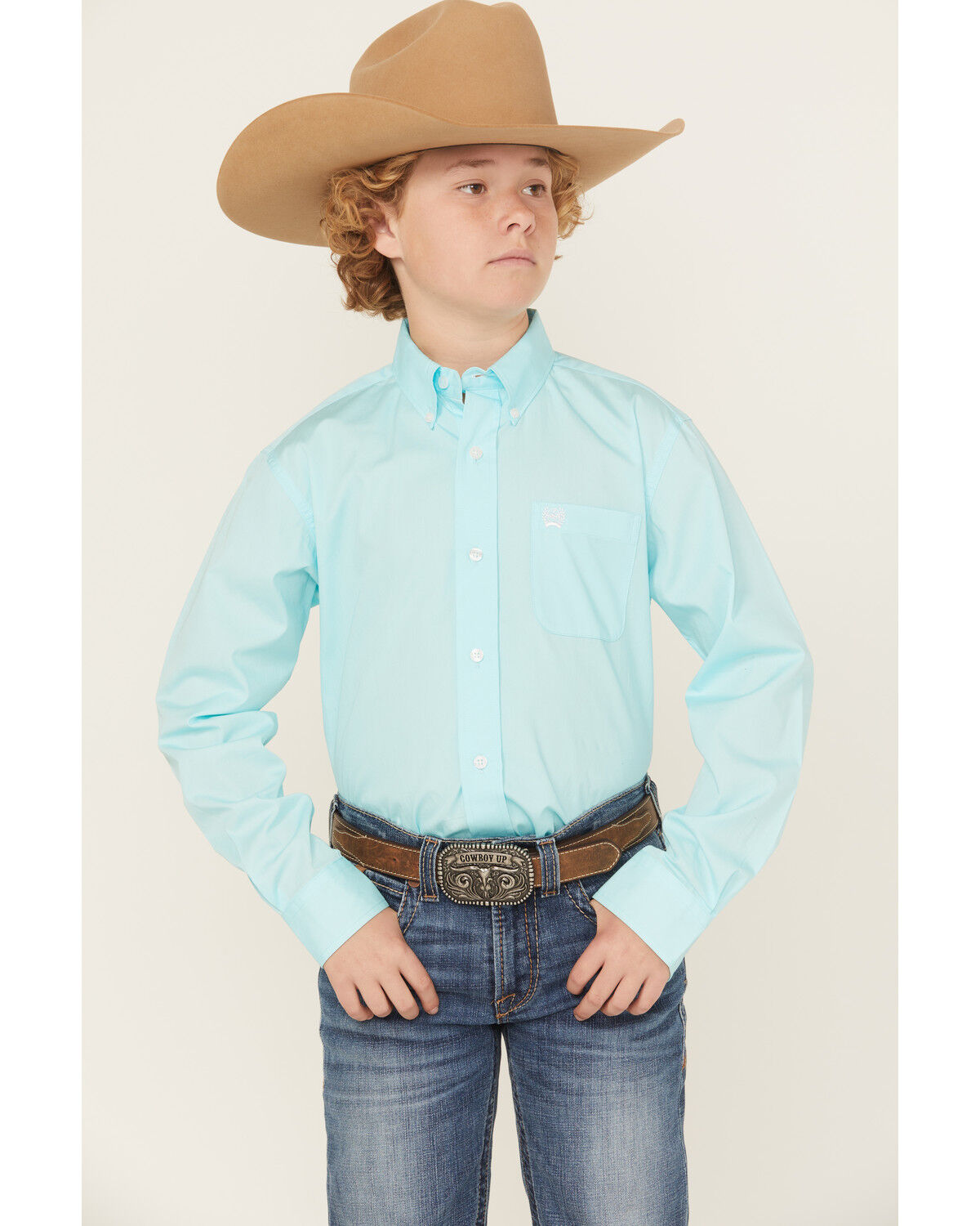 Image #1 - Cinch Boys' Solid Long Sleeve Button-Down Western Shirt, Turquoise, hi-res