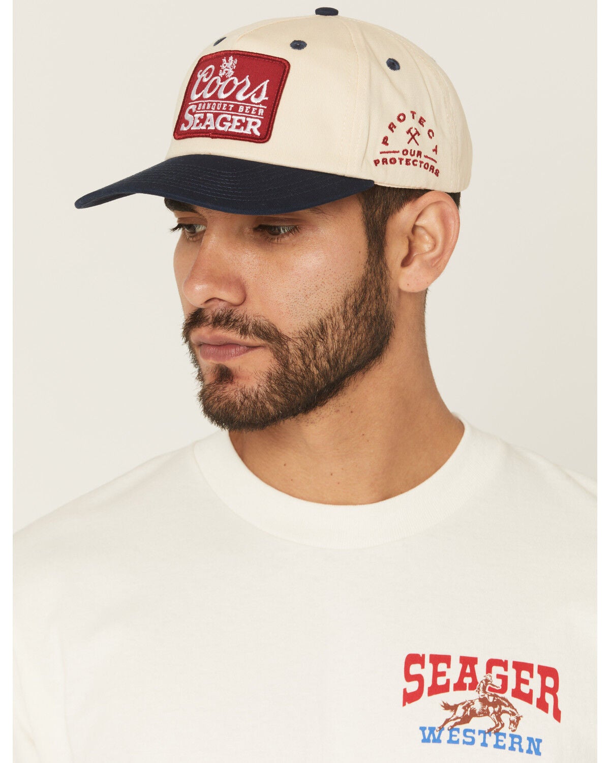 Image #1 - Seager X Coors Banquet Men's Protect Our Protectors Ball Cap, Cream/blue, hi-res