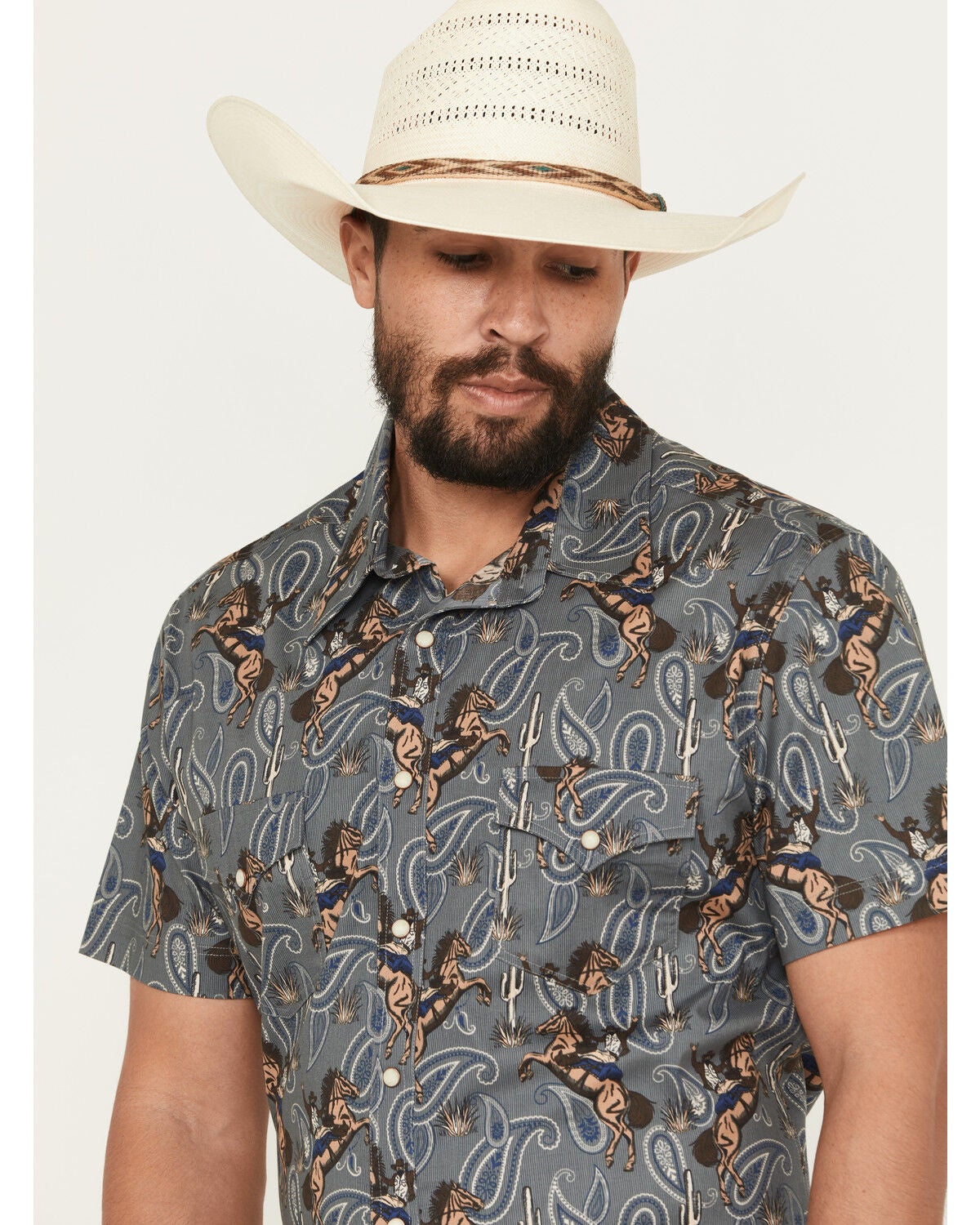 Image #2 - Rock & Roll Denim Men's Dale Brisby Horse Print Short Sleeve Snap Stretch Western Shirt, Charcoal, hi-res