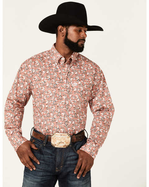 George Strait by Wrangler Men's Paisley Print Long Sleeve Button Down Western Shirt , Rose, hi-res