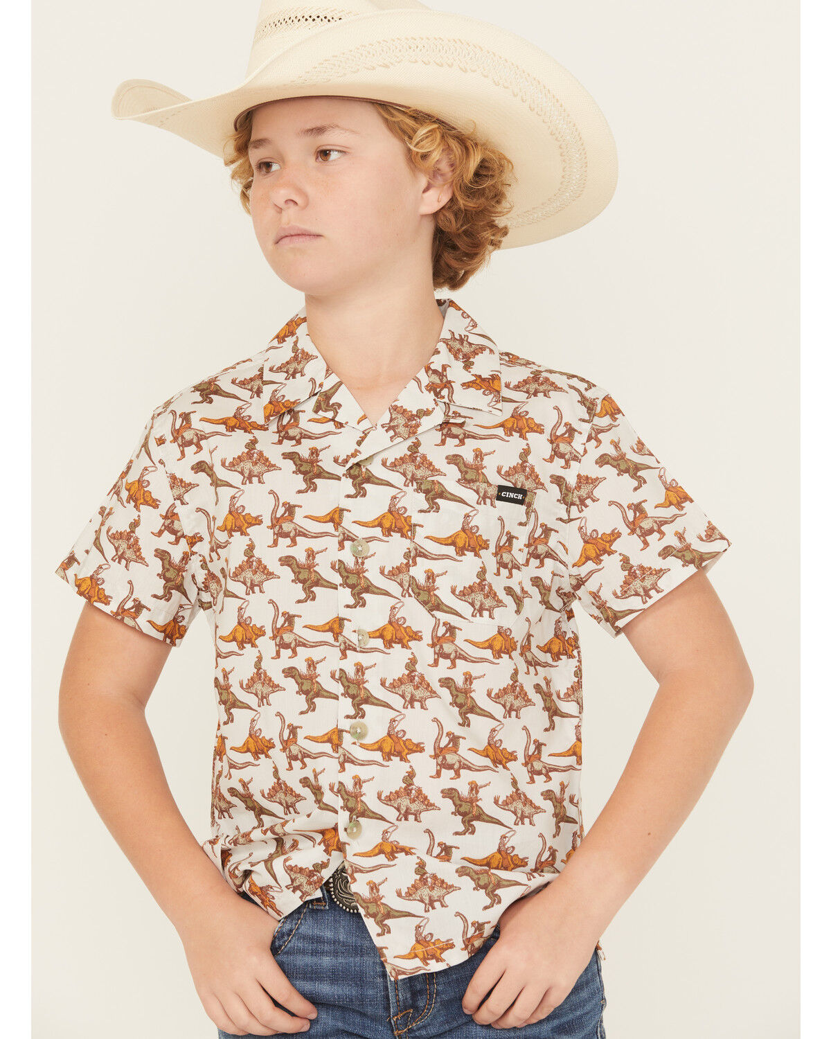 Image #1 - Cinch Boys' Camp Short Sleeve Button-Down Western Shirt, Cream, hi-res