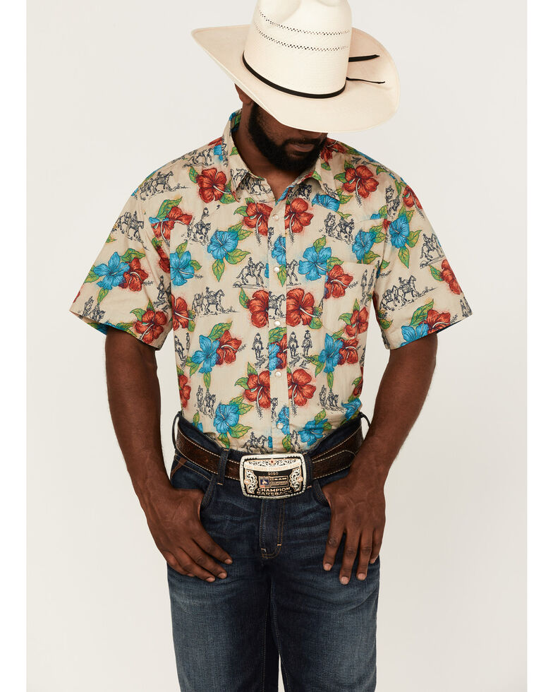 Roper Men's Trail Ride Tropical Floral Print Short Sleeve Snap Western Shirt , Multi, hi-res